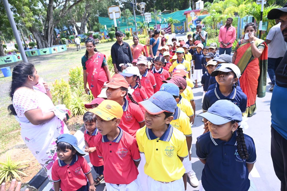 Students walking through the traffic park on a road safety visit